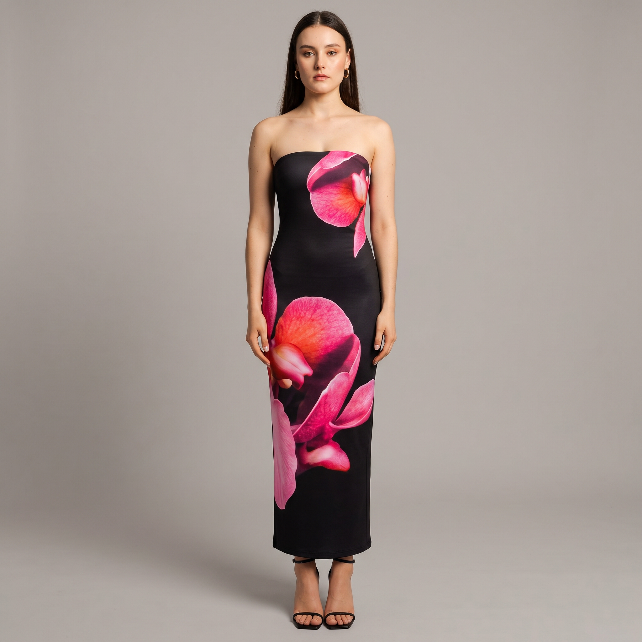 Printed Off-Shoulder Column Floor-Length Dress