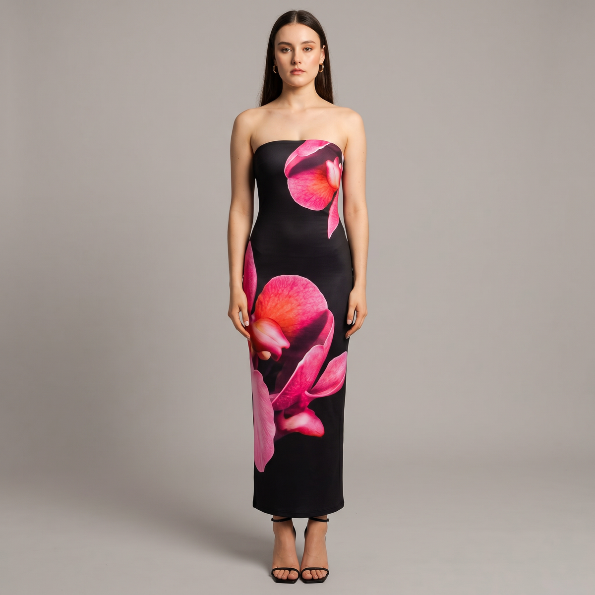Printed Off-Shoulder Column Floor-Length Dress