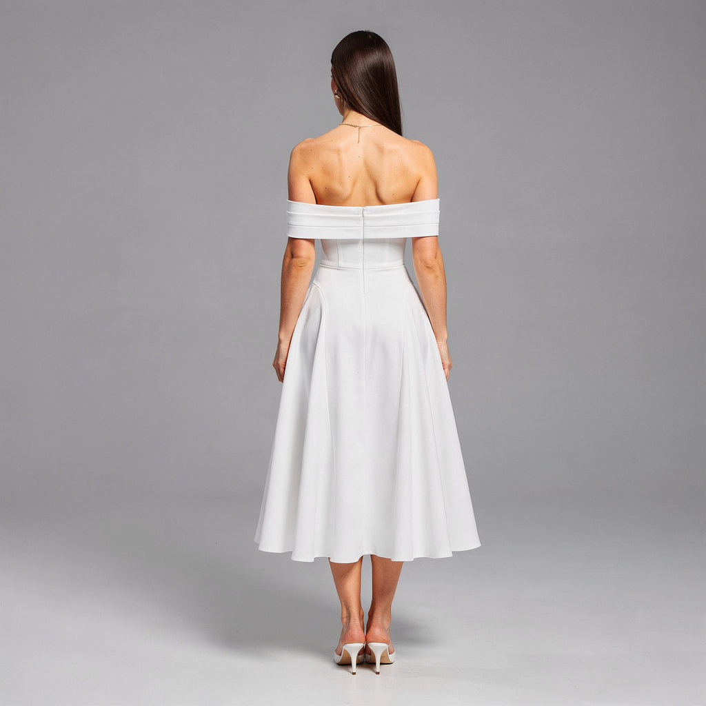 Solid Slash Neck A-Line Midi Dress