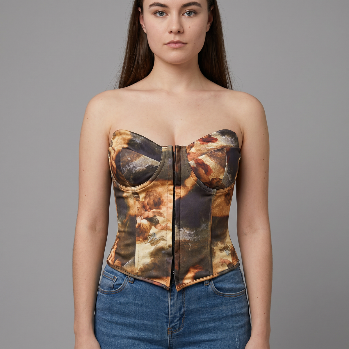 Color Block Backless Lace Up Boned Corset Blouse