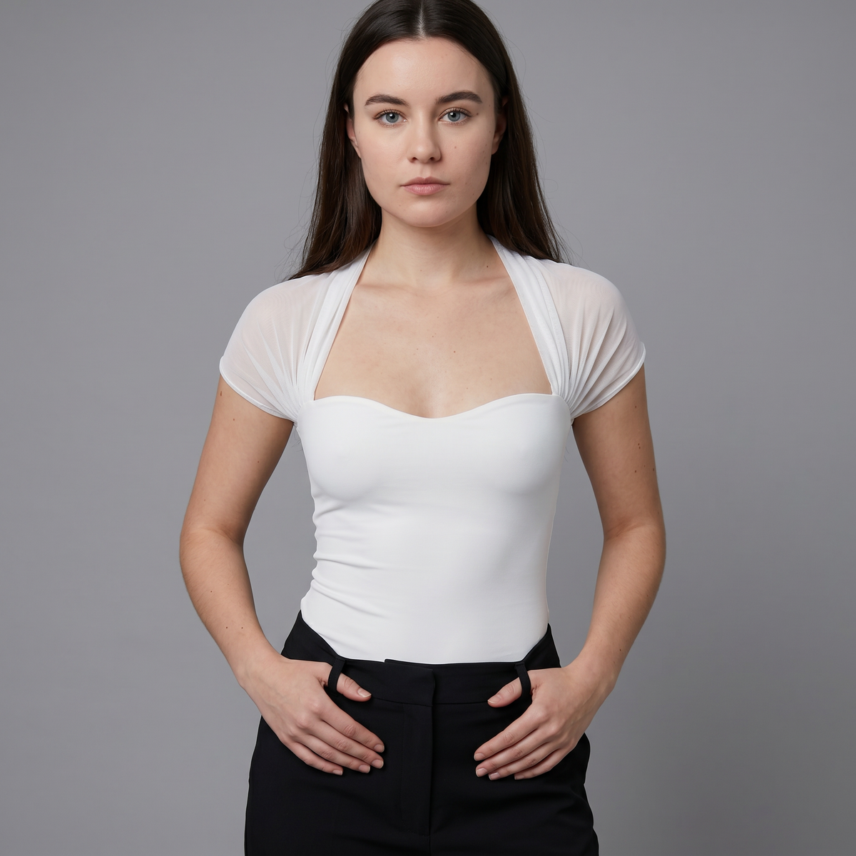 Solid Mesh Splice Sheer Casual Blouse