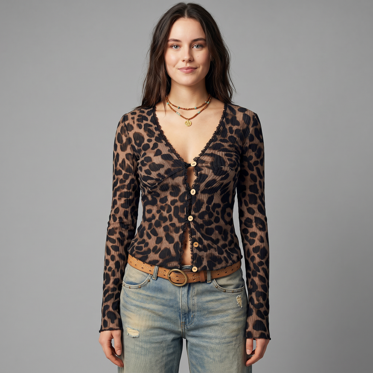 Leopard Print V Neck Button Knit Blouse