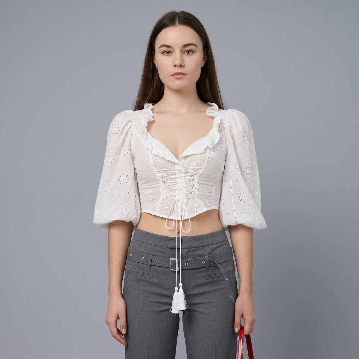 Cotton Hollow Puff Sleeve V Neck Tie Blouse