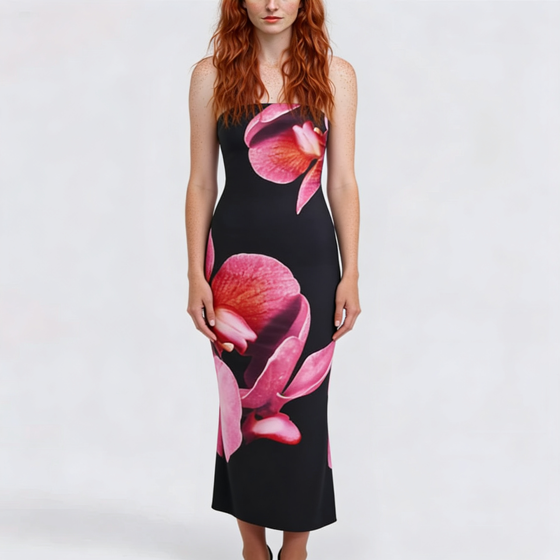 Printed Off-Shoulder Column Floor-Length Dress