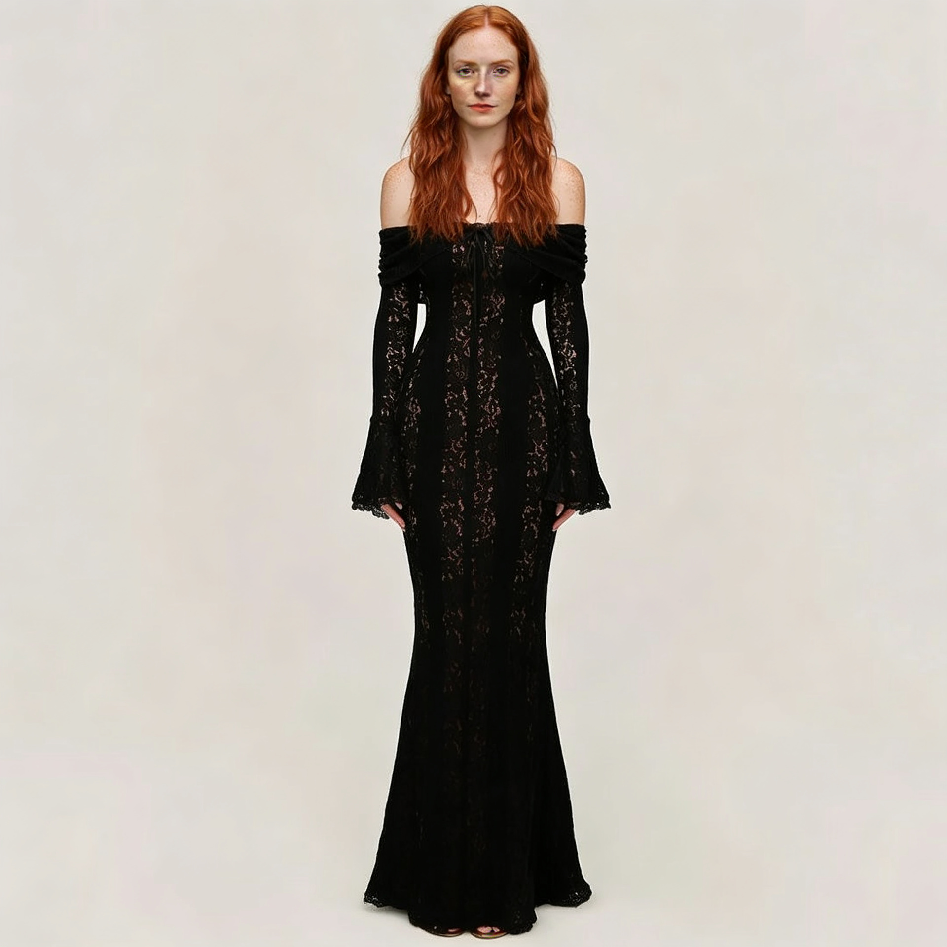 Lace Flare Sleeve Floor-Length Dress