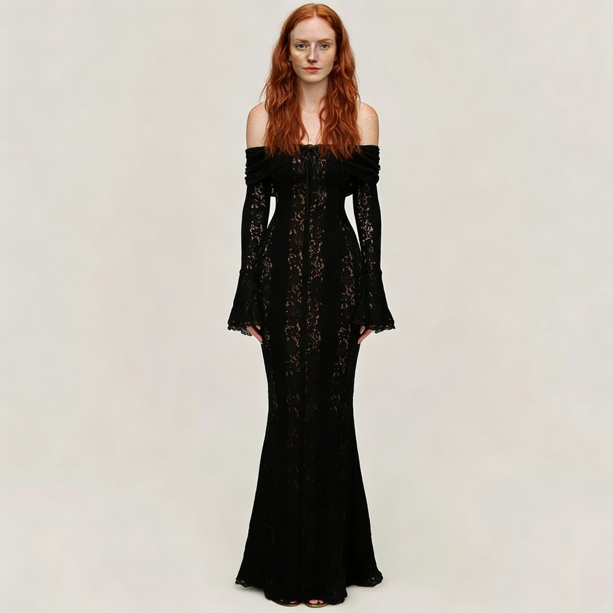 Lace Flare Sleeve Floor-Length Dress