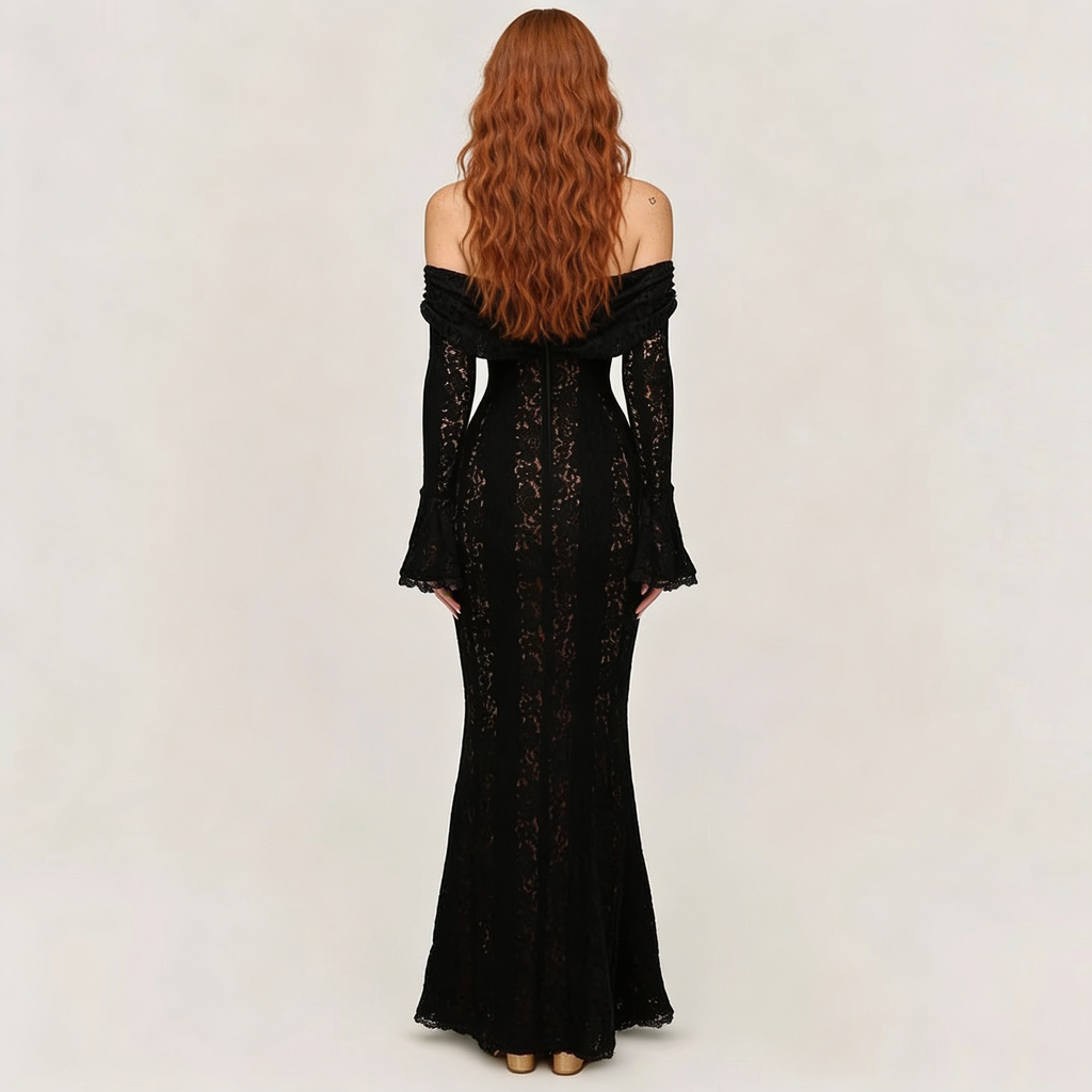 Lace Flare Sleeve Floor-Length Dress