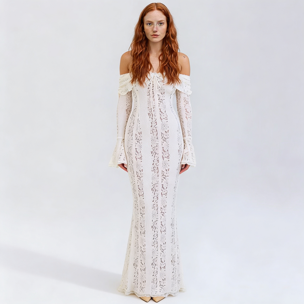 Lace Flare Sleeve Floor-Length Dress