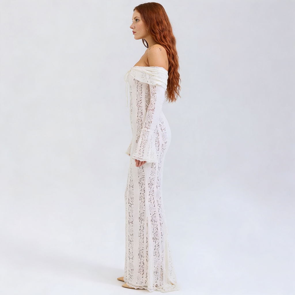 Lace Flare Sleeve Floor-Length Dress