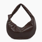 Maris Vegan Leather Hobo Bag in coffee brown, front studio view showcasing knotted shoulder strap and spacious crescent silhouette