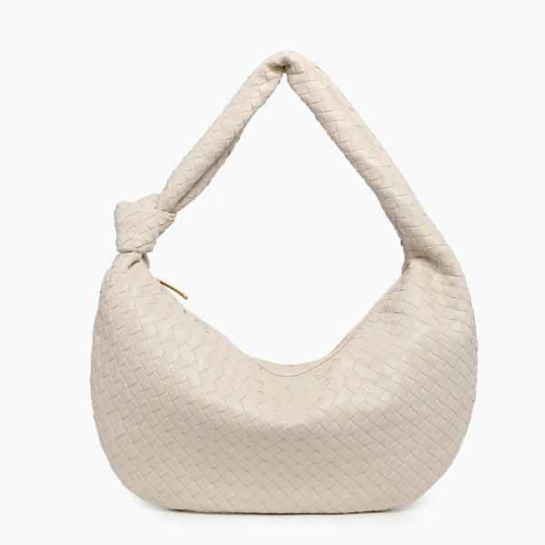 Maris Vegan Leather Hobo Bag in off-white, front view showing woven hobo silhouette and knotted shoulder strap