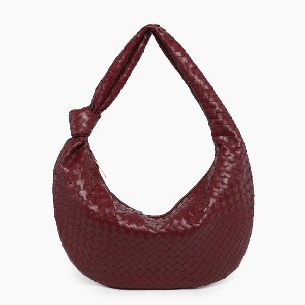 Maris Vegan Leather Hobo Bag in wine red, front view showing woven hobo silhouette and knotted shoulder strap