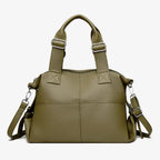 Front view of Mirelith genuine leather olive green satchel bag with quilted design and silver hardware accents