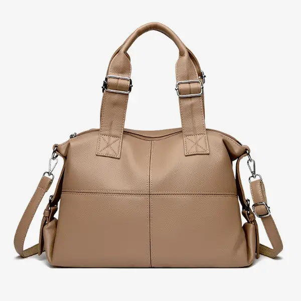 Front view of Mirelith genuine leather khaki satchel bag with quilted detailing and silver hardware