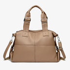 Front view of Mirelith genuine leather khaki satchel bag with quilted detailing and silver hardware
