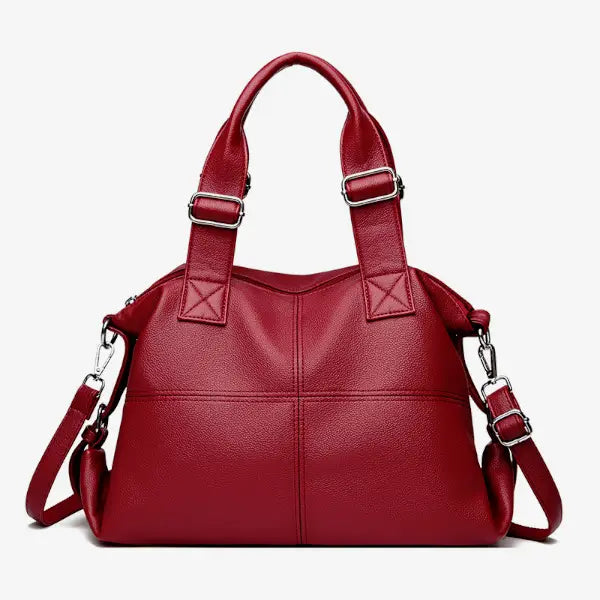 Front view of Mirelith genuine leather red satchel bag with quilted detailing and silver hardware