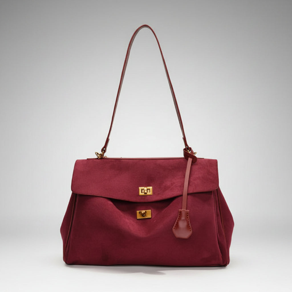 Front view of red velvet satchel bag featuring two gold clasps and a structured design