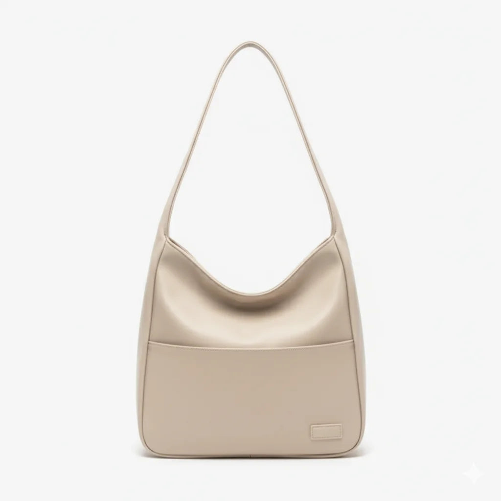 Front view of Seliora vegan leather shoulder bag in off-white color with sleek design and front pocket