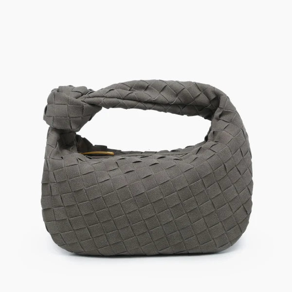 Seraphine Vegan Leather Hobo Bag in gray, front view showing compact mini hobo silhouette with woven design and knotted top handle