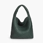 Soraya Vegan Leather Hobo Bag in dark green, front view of oversized slouchy woven shoulder hobo with deep drop