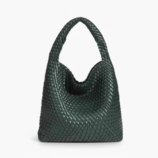 Soraya Vegan Leather Hobo Bag in dark green, front view of oversized slouchy woven shoulder hobo with deep drop