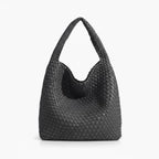 Soraya Vegan Leather Hobo Bag in dark grey, front view of oversized slouchy woven shoulder hobo with deep drop