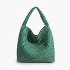 Soraya Vegan Leather Hobo Bag in green, front view of oversized slouchy woven shoulder hobo with deep drop
