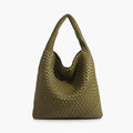 Soraya Vegan Leather Hobo Bag in olive green, front view of oversized slouchy woven shoulder hobo with deep drop