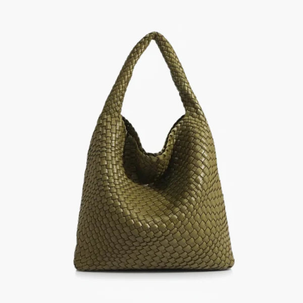 Soraya Vegan Leather Hobo Bag in olive green, front view of oversized slouchy woven shoulder hobo with deep drop