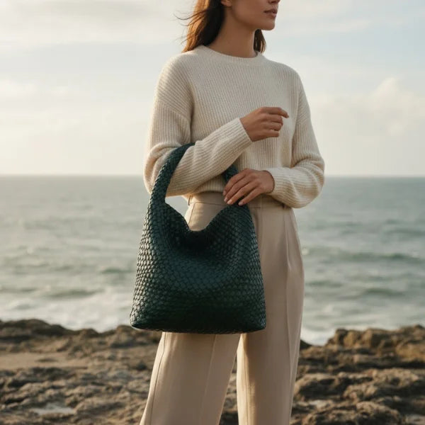 Woven Vegan Leather Large Hobo Bag