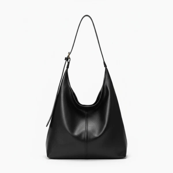 Sorella Vegan Leather Hobo Bag in black, front view of sleek minimalist hobo with adjustable shoulder strap