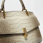 Croc-Embossed Genuine Leather Large Satchel Bag
