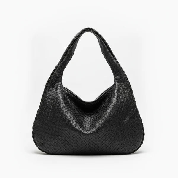Valencia Vegan Leather Hobo Bag in black, front view of crescent hobo with woven texture and structured handle