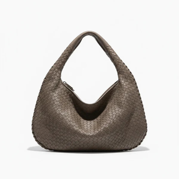 Front view of grey woven vegan leather hobo bag with zipper closure and wide handle