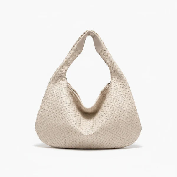 Front view of white woven vegan leather hobo bag with zipper closure and wide handle