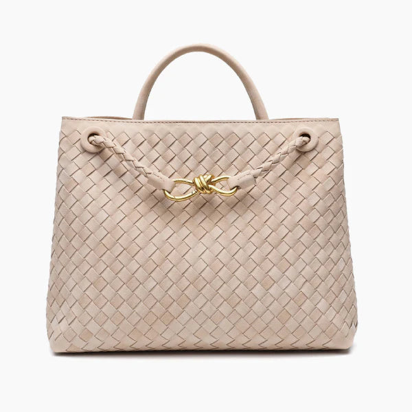 Front view of the Veyra vegan leather tote bag in beige, featuring a woven texture and gold knot accent for a sophisticated touch