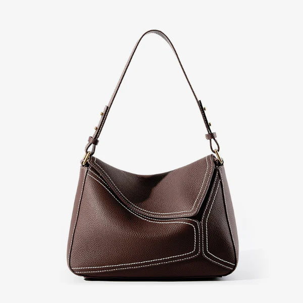 Front view of Virella coffee brown leather hobo bag with white stitching and gold accents