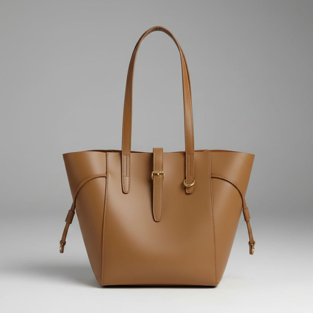 Front view of the Zairen genuine cowhide tote bag in brown with sleek design and adjustable side straps